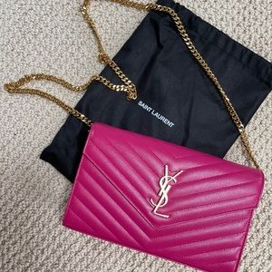 Pink Saint Laurent Large Quilted Leather Wallet on a Chain -Clutch